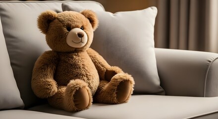 Fototapeta premium Fluffy Teddy Bear on a Gray Sofa