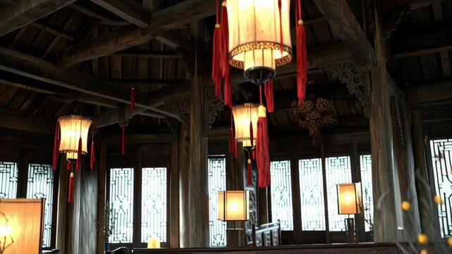 Living Room Interior Decorated with Traditional Chinese Lanterns and Kumquat Trees for Lunar New Year Celebration