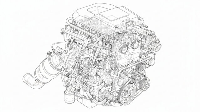 Inline 4 Cylinder Engine Wireframe CAD Engineering Technical Drawing on White Background