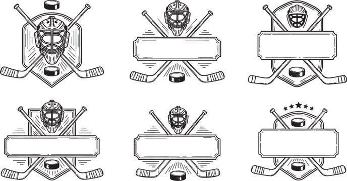Six black and white hockey emblems with goalie masks, crossed sticks, and pucks, featuring blank banners for custom text.