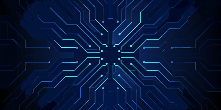 Abstract digital circuit board with glowing blue lines and central node