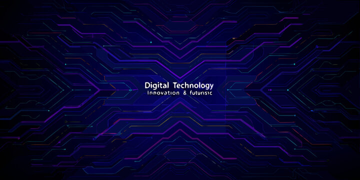 Abstract digital technology background with glowing neon circuit patterns