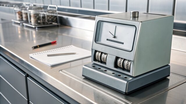 Fixed cost time clock sits on stainless steel counter in industrial setting. retro design adds nostalgic touch