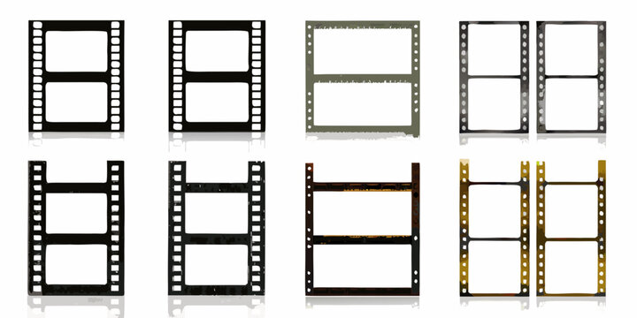 Collection of vintage filmstrips and photographic film frames displayed on white