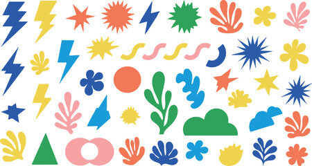 Obraz premium Comprehensive digital sticker sheet featuring a diverse collection of Y2K-inspired graphic design elements and abstract shapes. Perfect for planners, scrapbooking, social media posts, journaling