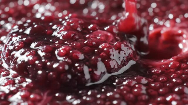 Close up of vibrant natural dark red berry fruit spread with glossy sweet granular texture