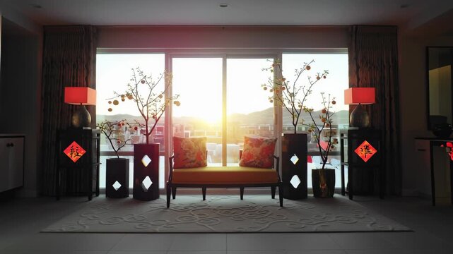 Living Room with Decorated Kumquat Trees and Traditional Chinese Red Lanterns for Lunar New Year Celebration