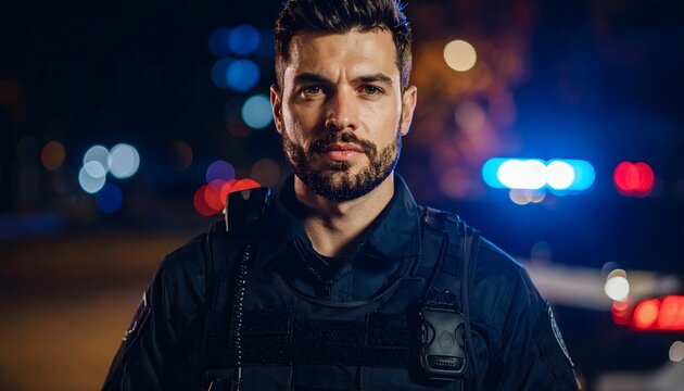 Agente de polic&iacute;a con chaleco t&aacute;ctico en escena urbana nocturna con luces de patrulla