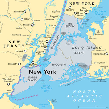 New York City, NYC, political map. Most populous city in the United States, at southern tip of New York State, compromising boroughs Manhattan, Brooklyn, Queens, The Bronx, and Staten Island. Vector