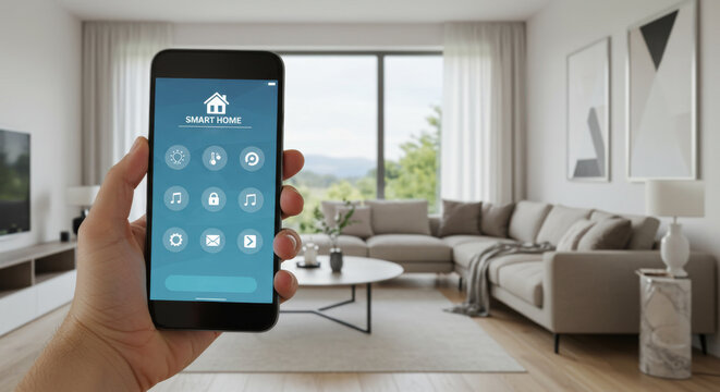 Man holding smartphone with smart home application interface. Remote control of house automation system. Modern digital living room interior for technology concept.