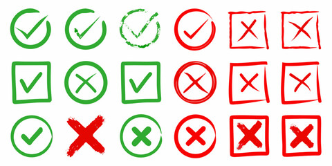 Collection of hand drawn checkmarks and crosses in red and green © Tasnim