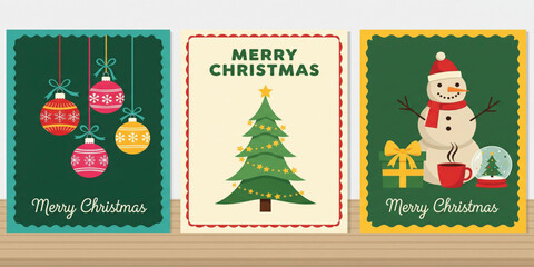 Vintage Christmas Greeting Card Set with Ornaments Snowman and Christmas Tree Illustrations for Holiday Greetings Posters Invitations and Festive Print Designs