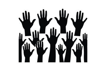 Obraz premium Human hands reaching up silhouette group for community teamwork volunteer or voting concept isolated on white