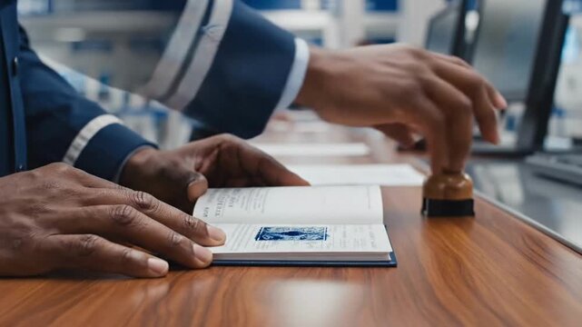Person signing a document with a stamp on a wooden desk.