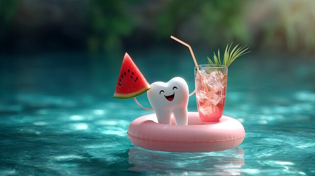 Happy cartoon tooth character in inflatable ring floating on water, holding watermelon slice and cocktail. Dental health and summer fun concept image.