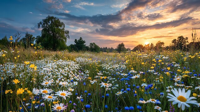 Wildflower meadow filled with daisies, cornflowers, and buttercups, glowing under a sunset sky