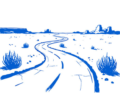 Desert road trip graphic, blue vintage hand-drawn illustration, western highway landscape, retro sketch, Monument Valley style buttes, open road travel, arid scene
