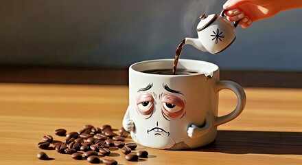 Annoyed Coffee Mug Being Fed With Keen Interest by Coffee Pot on Brown Table