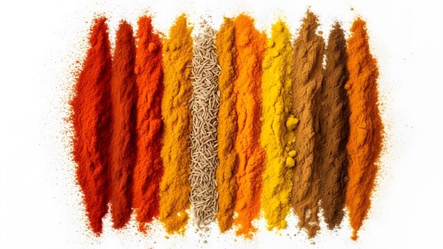 Rainbow of colorful spice powders and whole cumin seeds arranged in neat rows on a clean white background, vibrant assortment for cooking
