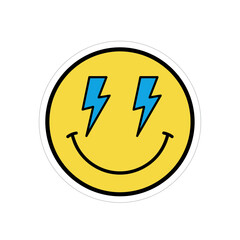 Retro Smiley Face with Lightning Eyes Sticker | Bold Outline Cute Smiley Illustration | Adorable Retro Lightning-Eyed Face Sticker Art | Playful Vintage Smiley Character Sticker Design | Vibrant 
