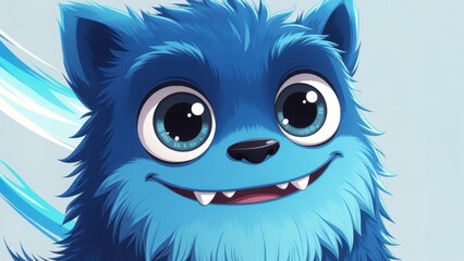 Fototapeta premium Cute blue cartoon monster with big eyes and fangs smiling.