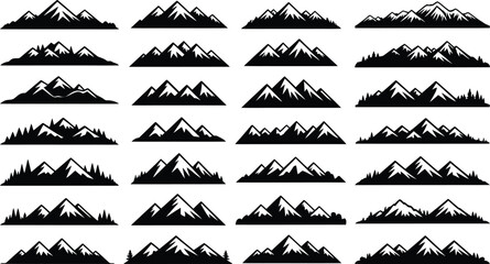 Collection of twenty different black mountain silhouettes on white background.