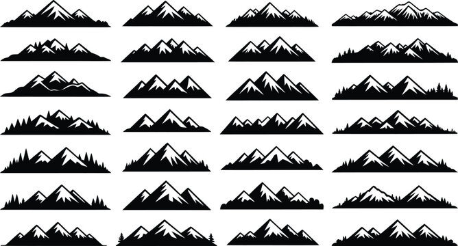 Collection of twenty different black mountain silhouettes on white background.