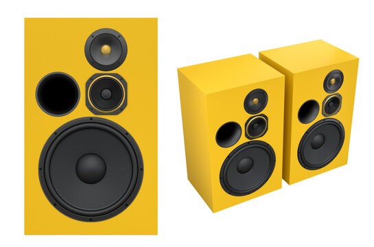 Set of stylish wooden speakers isolated on white background, concept of home audio and music equipment