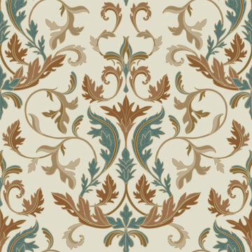 Twisted acanthus leaves. Design in brown, beige, and turquoise tones.