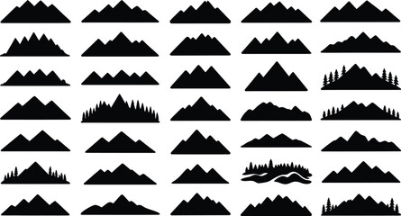 Collection of various mountain silhouettes against a white background.