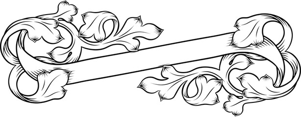 A scroll with filigree medieval crest coat of arms heraldic style pattern motif. In a vintage woodcut etching style.