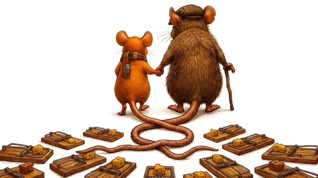 Illustration depicts a small mouse and a larger, older mouse carefully navigating many cheese baited traps together, symbolizing guidance and shared peril.