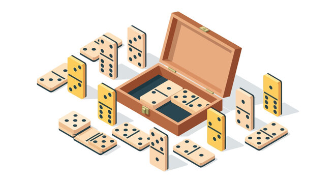 Isometric illustration of dominoes scattered around an open wooden case ideal for game design on transparent background silhouette high quality professional