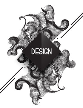 Abstract vector background with fluid wavy lines and black diamond. Modern geometric graphic design with organic shapes and typography for poster, cover, or brand identity.
