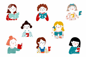 Fototapeta premium Diverse group of cartoon women reading books and enjoying leisure