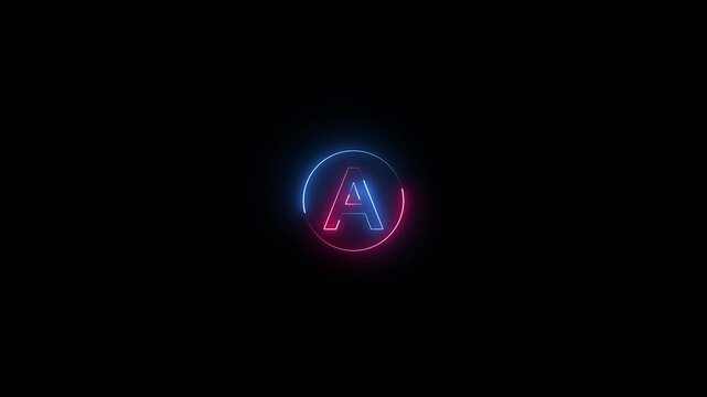 Glowing neon capital letter with alphabet text A and neon circle animation . Glowing Neon Letter A Animation on Black Background. Futuristic neon Font text Animation.