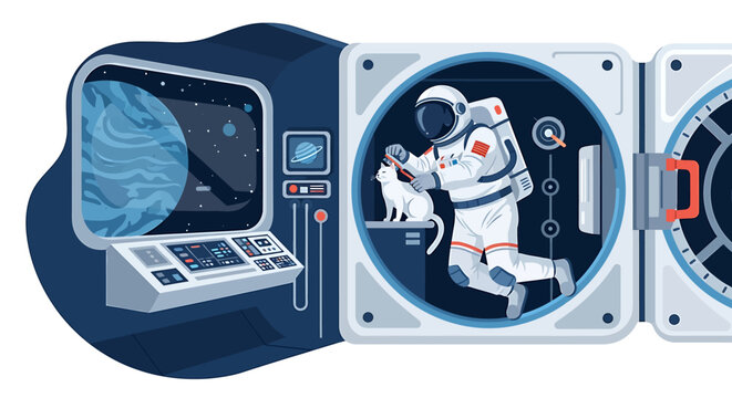 Astronaut holding a cat inside a spaceship module.