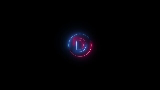Glowing neon capital letter with alphabet text D and neon circle animation . Glowing Neon Letter D Animation on Black Background. Futuristic neon Font text Animation.
