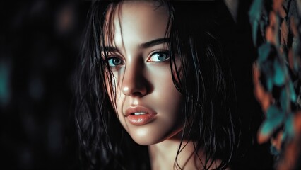 Fototapeta premium Young caucasian female with wet hair and intense gaze amid dim lighting.