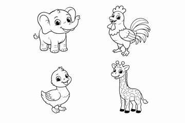 Obraz premium Cute cartoon animal outlines set: baby elephant, rooster, chick, and giraffe with friendly faces. Simple black line vector for kids coloring pages, nursery design, and stickers.