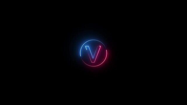 Glowing neon capital letter with alphabet text V and neon circle animation . Glowing Neon Letter V Animation on Black Background. Futuristic neon Font text Animation.