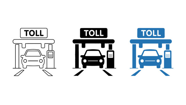 Three different colored toll booths with cars and signs on a white background