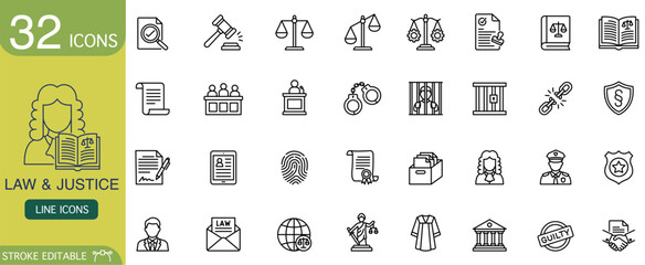 Professional law and justice icon set featuring legal court symbols like crime gavel scale and police badge. Minimal outline vector collection suitable for modern authority website interface