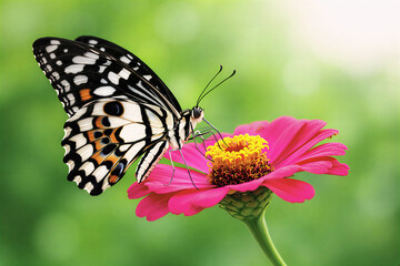 Obraz premium Close up of a lime butterfly, also known as a lemon butterfly or Papilio demoleus, resting on a pink zinnia flower.