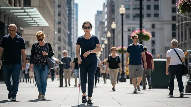 Visually impaired woman with a white cane, navigating a busy urban street, demonstrating independence, overcoming sight challenges, living with low vision
