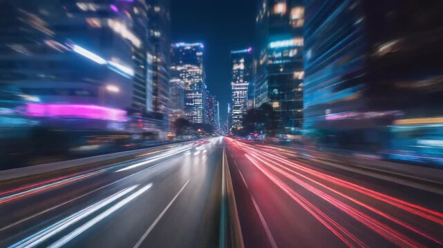 Fast-moving cityscape at night with motion blur effect, streaks of car lights and blurred sk 