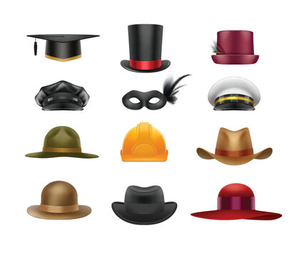 Set of Different Vector Hats and Headwear Icons Isolated on White Background
