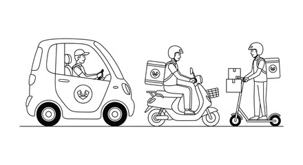 Delivery service illustration featuring a car scooter and electric scooter with drivers a clean line style on transparent background silhouette © mrvect02