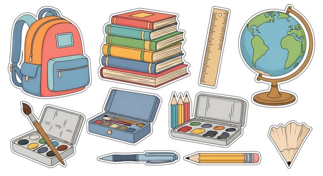 Back to School Education Supplies Sticker Collection, A colorful doodle illustration depicting back to school themed supplies, classroom items, and learning materials.