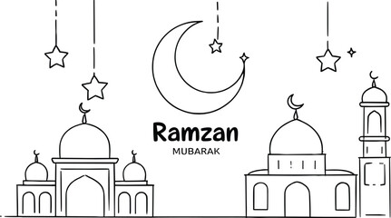 Black and white of mosques with crescent moon and stars Ramzan Mubarak Islamic architecture © SUMAIA